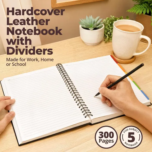 Vista 2 de Cuaderno de espiral encuadernado en cuero de tapa dura de 8x10 pulgadas con divisores removibles - Negro - 300 páginas Cuaderno de 5 asignaturas