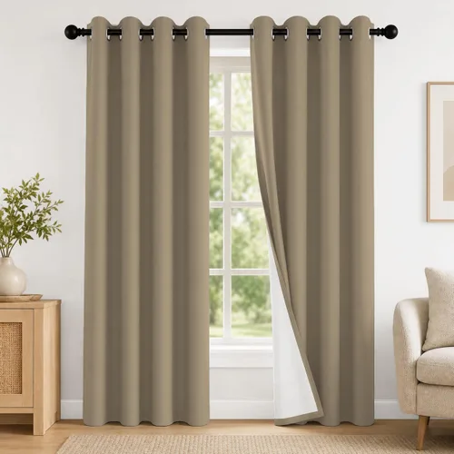 Vista 102 de 2 paneles de cortinas 100% opacas, de peso medio, con aislamiento térmico y ojales para dormitorio, sala de estar, tratamiento de ventana