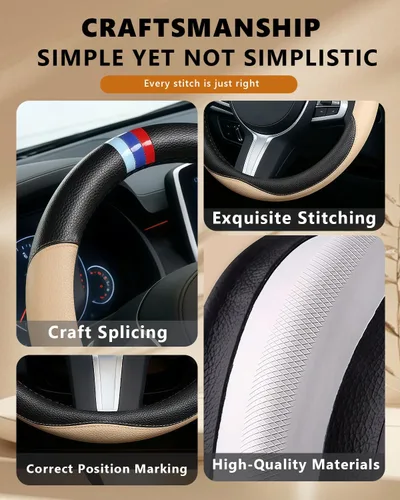 Vista 6 de Funda personalizada para volante de automóvil para BMW X1, X2, X3, X4, X5, X6, X7, i3, i4, i5, 14.5-15 pulgadas (beige)