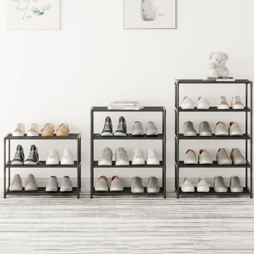 Vista 2 de Zapatero pequeño de metal, estante apilable para zapatos, organizador de almacenamiento para entrada, pasillo y armario (3 niveles, negro)