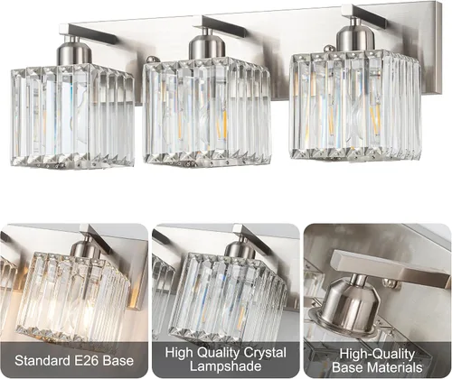 Vista 7 de Moderna lámpara de tocador de baño, 3 luces, accesorios de luz de cristal, cromo Lámparas de cristal sobre espejo,Lámpara de pared de cristal
