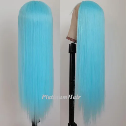 Vista 4 de Pelucas de encaje frontal color azul con encaje frontal, peluca para usar y llevar, sin pegamento, pelucas de cabello largo y lacio, pelucas
