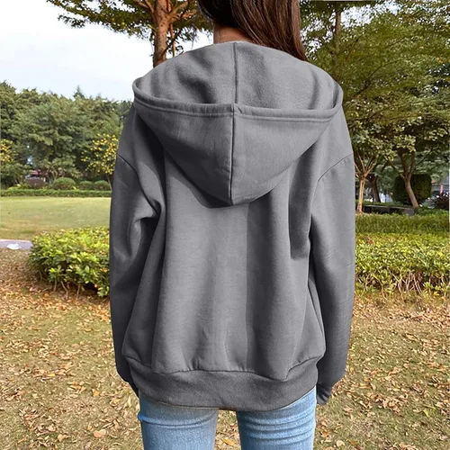 Vista 2 de Sudaderas con capucha con cremallera para mujer, abrigos casuales de gran tamaño, ajuste holgado, con cordón, chaquetas de color sólido para otoño