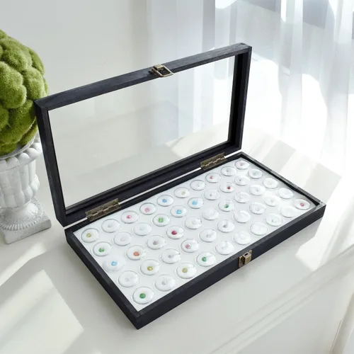 Vista 7 de MOOCA Caja de exhibición de joyería negra con tapa de cristal, 50 frascos de gemas, caja de anillos, organizador de joyas, almacenamiento de tarros