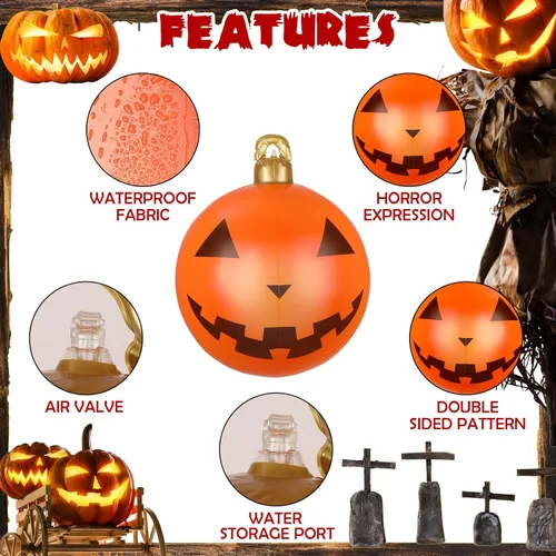Vista 3 de Jetec 2 piezas inflables de Halloween de 24 pulgadas, decoración al aire libre de PVC colgante de calabaza gigante para árbol, feliz Halloween