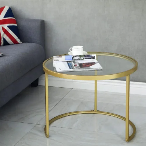Vista 8 de Juego de 2 mesas de centro anidadas doradas, pequeñas mesas anidables de vidrio para sala de estar, dormitorio, mesa de té decorativa con marco