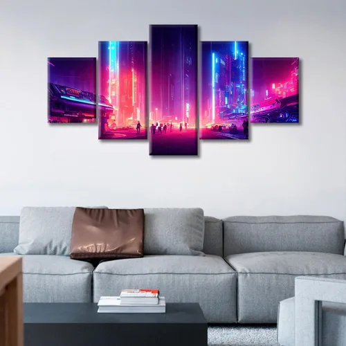 Vista 233 de Cuadros de 5 paneles de Cyberpunk City, arte de pared, representación de vallas publicitarias, edificios modernos en la capital con obras de arte