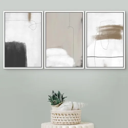 Vista 234 de SIGNFORD - Set de obras de arte en lienzo enmarcado para pared, ilustraciones abstractas de neblina del desierto en tonos neutros beige y marrón