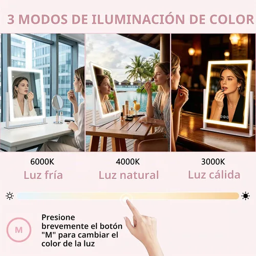 Vista 10 de Espejo de tocador iluminado con luces, espejo de maquillaje con luz, 16.7 x 13.2 pulgadas, tres modos de iluminación de color e iluminación Negro