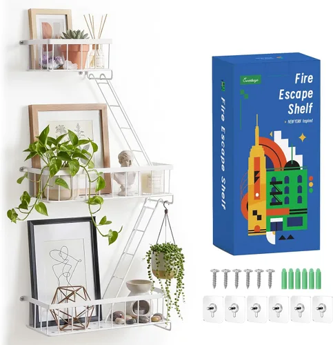 Vista 13 de SweetSage Estante de Pared para Salida de Emergencia - Estante Decorativo de Escalera de Nueva York, Estante Flotante de Arte de Pared en Metal Negro