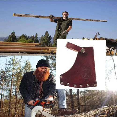 Vista 4 de Funda protectora de piel con hacha de hacha con broches seguros, protector de hacha de campamento resistente para senderismo al aire libre, Marrón
