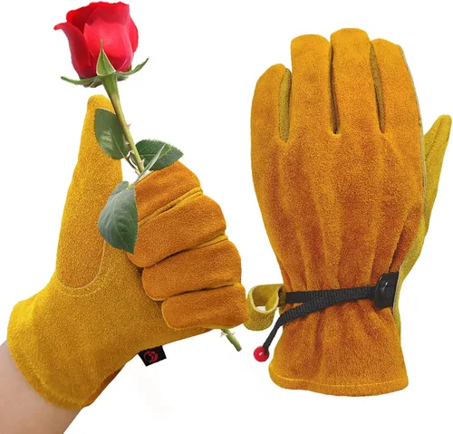 Vista 7 de Guantes de cuero para jardinería para hombres, guantes de trabajo para soldadura, construcción, motosierra, granja, rancho, patio