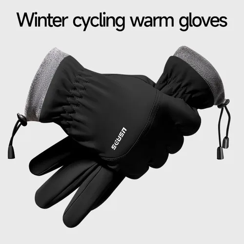 Vista 2 de Winter Thermal Cycling Gloves, Windproof Faux Leather with Adjustable Drawstring & Touchscreen Fingers, Non-Slip Grip for Cold Weather Biking, Black