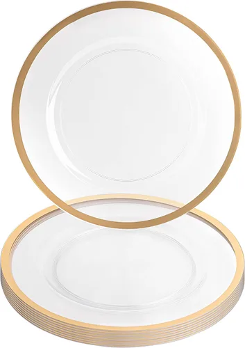 Vista 25 de PARTY BARGAINS Placas de carga de 13 pulgadas, paquete de 4, borde dorado transparente, cargadores desechables resistentes para comedor elegante Un