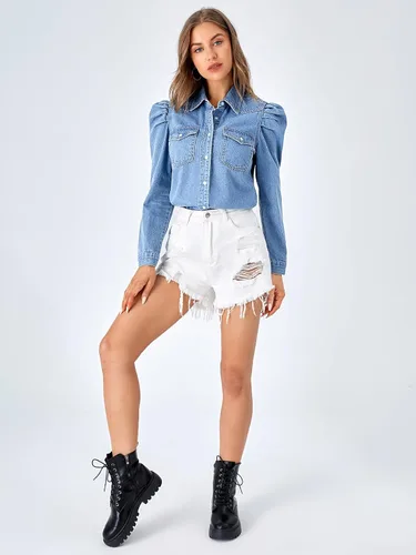 Vista 5 de Verdusa Blusa de mezclilla con botones y cuello de manga larga abombada para mujer con bolsillo con solapa