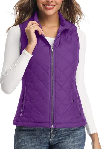 Vista 23 de LONGKING Chaleco de mujer, cuello alto, ligero, con cremallera, acolchado para mujer Rosa