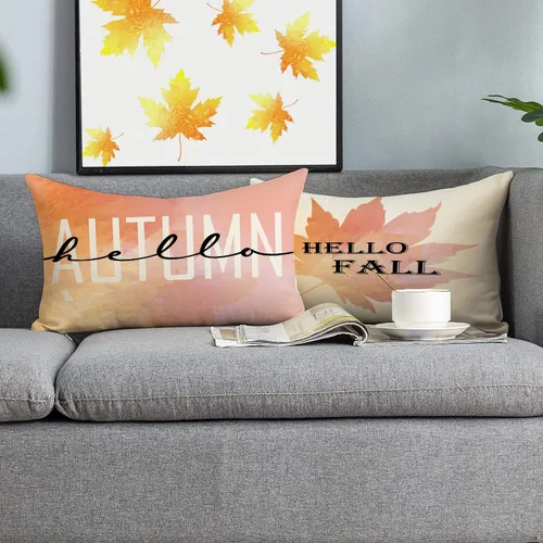 Vista 3 de Juego de 4 fundas de almohada de otoño de 12 x 20 pulgadas, diseño de calabaza y hoja de arce con texto en inglés "Hello Fall Happy Harvest