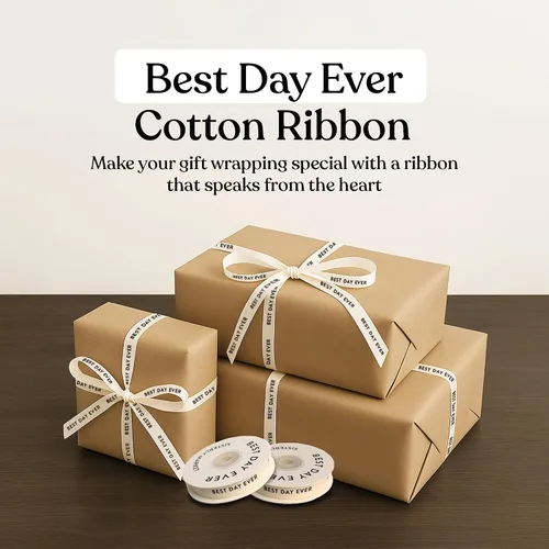 Vista 2 de Cinta de algodón en espiga personalizada, cinta de regalo natural de 5/8 pulgadas con frase impresa Best Day, 10 yardas