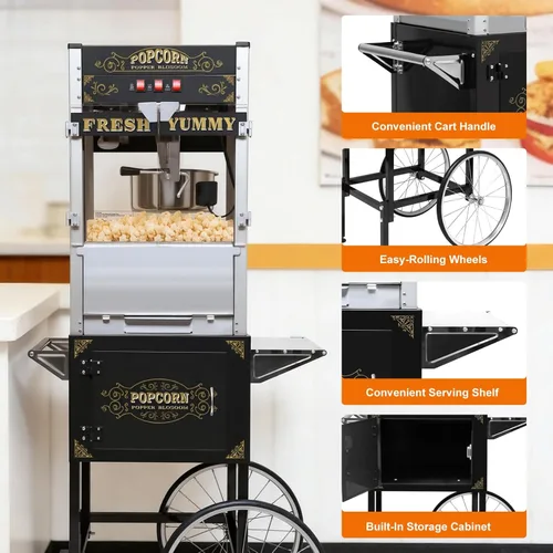 Vista 6 de Máquina de palomitas de 20 oz con carrito, ruedas y hervidor de acero inoxidable, 110v/1440w, estilo vintage de cine de teatro, máquina de palomitas