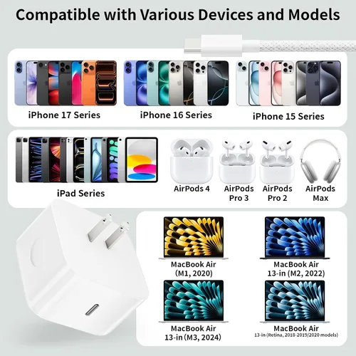 Vista 7 de Cable USB C largo trenzado de 10 pies, 1 paquete de cargador de iPhone 17 de 40 W con enchufe plegable máximo de 60 W, cargador de iPhone de carga