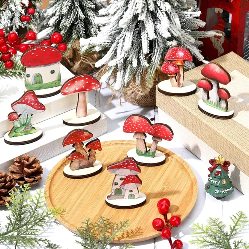 Vista 5 de Thyle 16 piezas de decoraciones de fiesta de hongos de madera Centros de mesa de bosque de hadas Decoraciones de bosque encantado Tapa de mesa