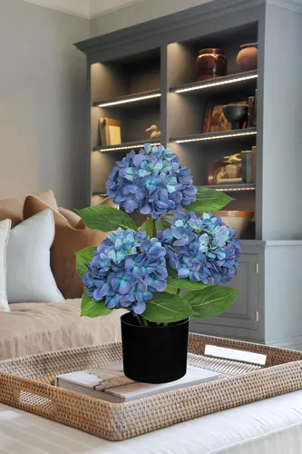 Vista 4 de Hollyone Flores artificiales de hortensias azules en maceta, flores grandes de seda de tres cabezas, arreglos florales falsos para interiores