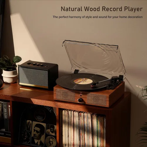 Vista 7 de Tocadiscos de vinilo con receptor Bluetooth integrado y 2 altavoces estéreo, 3 velocidades y 3 tamaños, tocadiscos retro portátil para Amarillo