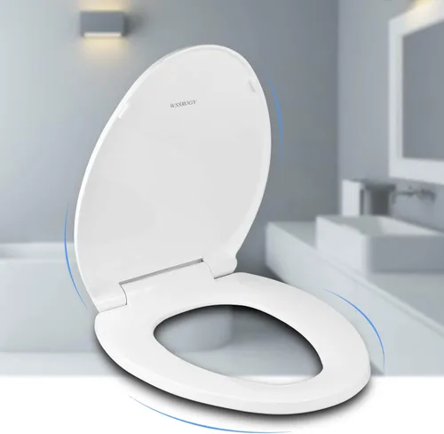 Vista 2 de Asiento de inodoro alargado WSSROGY con tapa de cierre suave, fácil de instalar, plástico, blanco, adecuado para inodoros alargados u ovalados