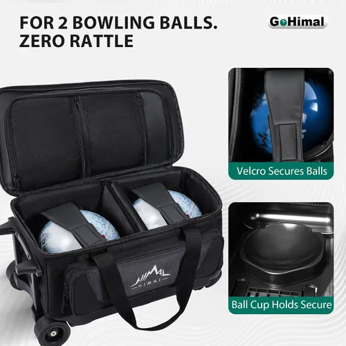 Vista 3 de GoHimal Bolsa de bolos de doble rodillo para 2 bolas con compartimento separado para zapatos de boliche (hasta talla 15 de hombre de EE. UU.) y Negro
