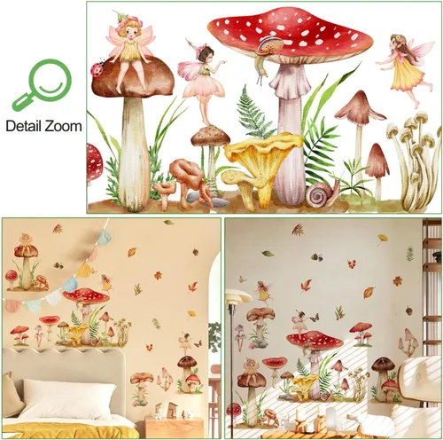 Vista 3 de Amaonm - Calcomanías de pared 3D removibles de dibujos animados coloridos de hongos elfos de princesa en ángulo murales para decoración