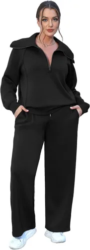 Vista 3 de XIEERDUO Conjuntos de descanso para mujer 2023 sudadera de gran tamaño con media cremallera y pantalón deportivo de pierna ancha de 2 piezas