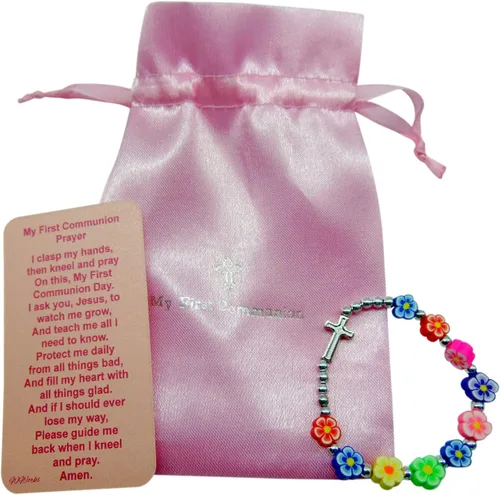 Vista 2 de Westmon Works Pulsera de flores de primera comunión para niñas con tarjeta santa católica elástica muñeca con bolsa de transporte con cordón, Sin