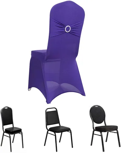 Vista 43 de Efavormart - Funda para silla de banquete de elastano beige con banda de hebilla de diamantes de imitación plateados, funda elástica para silla