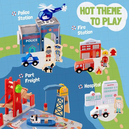 Vista 3 de Giant bean Juego de 117 piezas de tren Busy Port City para niños, juego de vías de tren de madera ampliables y cambiables, juguete grande de Navidad