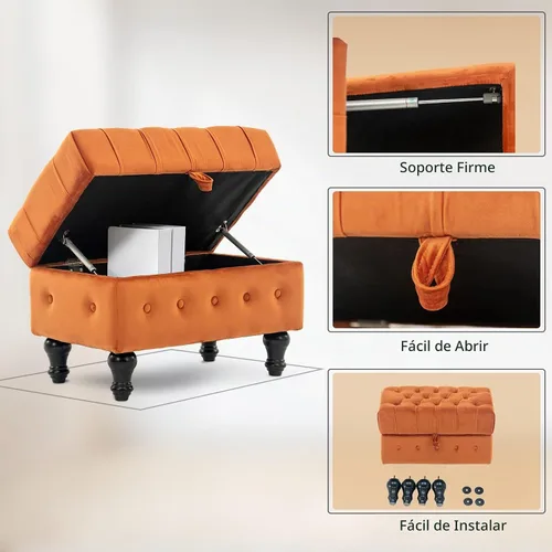 Vista 8 de Mesa de Centro Otomana de Almacenamiento Rectangular, Reposapiés Otomana de Dormitorio con Tapicería de Terciopelo Abotonado Capitoné para Sala