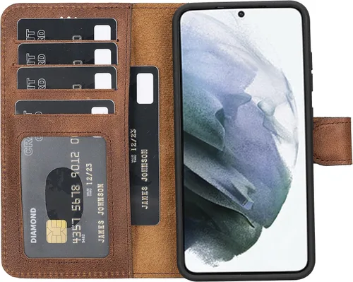 Vista 19 de HARDISTON Funda tipo cartera compatible con Samsung Galaxy S21, hecha a mano, de piel auténtica, cubierta magnética desmontable tipo flip con Negro