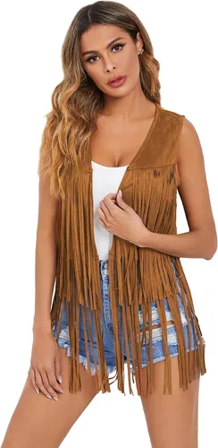 Vista 4 de Verdusa Chaleco sin mangas con borlas para mujer, estilo hippie de los años 70, de ante sintético