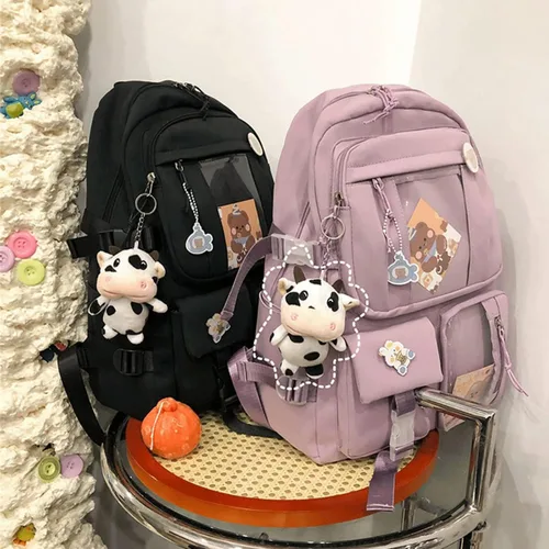 Vista 2 de Eagerrich Mochila Kawaii con bonitos accesorios de alfiler, colgante de felpa, mochila escolar Kawaii linda mochila estética, Color, L, Mochilas