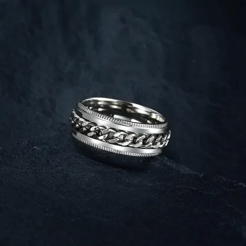 Vista 32 de LAOYOU Anillo giratorio para hombre para alivio de la ansiedad 0.315 in de acero inoxidable negro anillo de ansiedad con incrustaciones de cadena