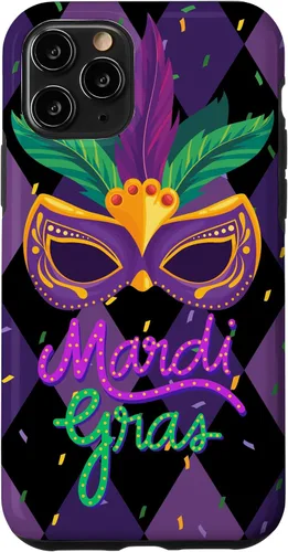 Vista 27 de Funda para iPhone 11 Pro Max Mardi Gras NOLA Festive Carnival Mask New Orleans Party Case