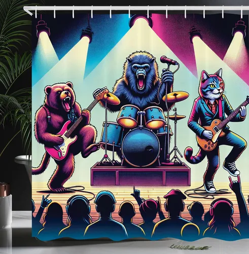 Vista 29 de Ambesonne Cortina de ducha con banda de animales, mono de concierto caprichoso con teclado, oso, guitarrista, gato, juego de decoración de baño