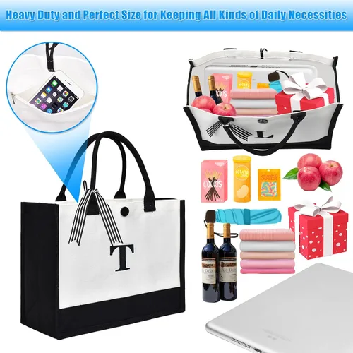 Vista 4 de MRYUWB Bolsa grande de lona personalizada con inicial para mujer, bolsa de cumpleaños de boda, bolsa de playa bordada con monograma
