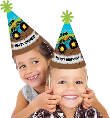 Vista 2 de Big Dot of Happiness Smash and Crash - Monster Truck - Cone Happy Birthday Party Hats for Kids and Adults - Set of 8