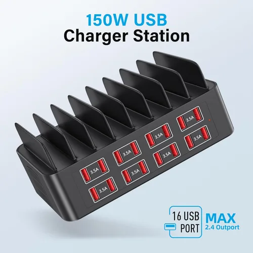 Vista 2 de Estación de carga para múltiples dispositivos, estación de carga USB de 150 W con 16 puertos de carga rápida, estación de carga para iPad