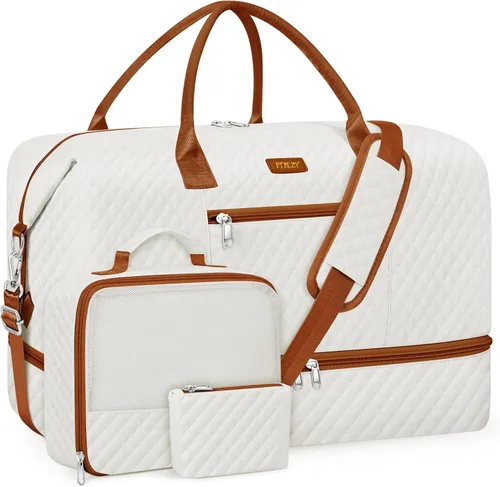 Vista 23 de Bolsa de fin de semana para mujer, bolsa de viaje de nailon, con compartimento para zapatos, tamaño grande 1-beige