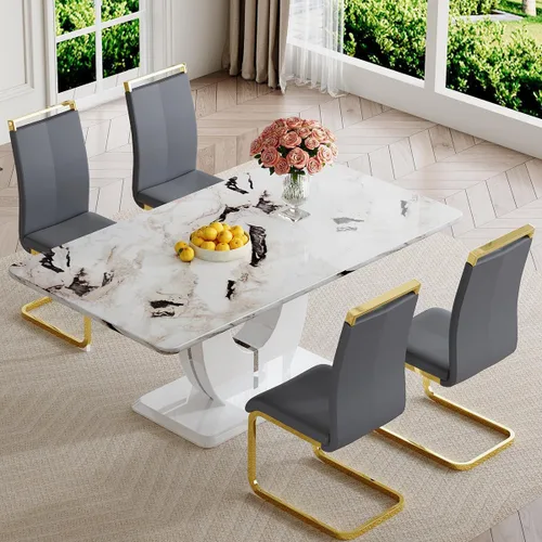 Vista 15 de JUFU Juego de mesa de comedor moderno para 4, juego de mesa de cocina rectangular de 63 pulgadas con mesa de mármol sintético y 4 sillas tapizadas