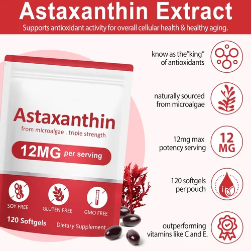 Vista 3 de VOFANK Astaxantina 12 mg, suplementos de astaxantina premium con actividad antioxidante, apoya los ojos, las articulaciones, el sistema