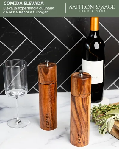 Vista 5 de Saffron & Sage Premium - Molinillo de sal y pimienta de madera de acacia de 2 a 8 pulgadas de alto con ajustes gruesos ajustables, resistente a
