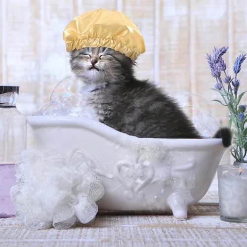 Vista 4 de LOGOFUN Gorro de ducha para mascotas, sombrero envolvente para la cabeza de gato, cubierta reutilizable para orejas de baño con correa ajustable