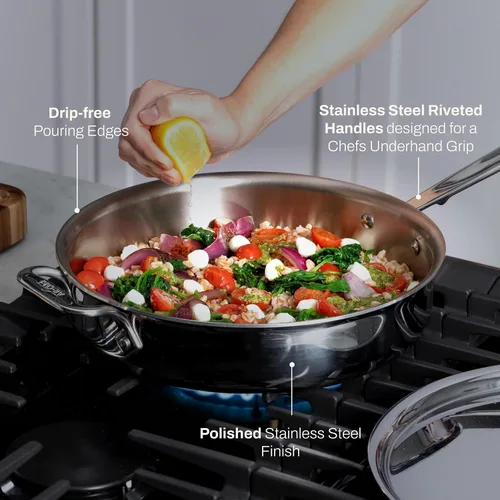Vista 4 de All-Clad D3 Sartén Salteadora de Acero Inoxidable de 3 Capas con Tapa y Mango 3 Cuartos, Inducción, Apto para Horno y Parrilla 600F